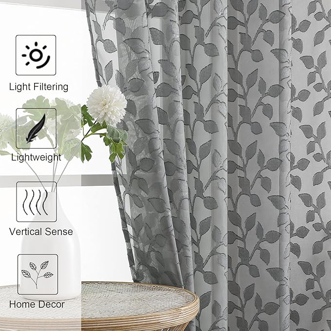 Chyhomenyc Extra Long Charcoal Grey Sheer Curtains 120 Inch Length 2 Panels Set, Light Filtering Tufted Textured Soft Airy Rod Pocket Leaf Window Treatment Drapes for Living Room, 52" Wx120 L, 2PCS
