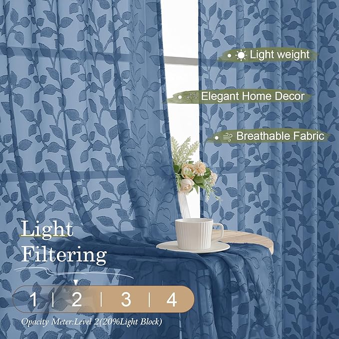 Chyhomenyc Dusty Blue Short Curtains 45 Inch Length 2 Panels, Light Filtering Leaf Textured Window Curtain Panels for Bedroom Living Room, Elegant Rod Pocket Farmhouse Curtains, 30" Wx45 L, 2 PCS