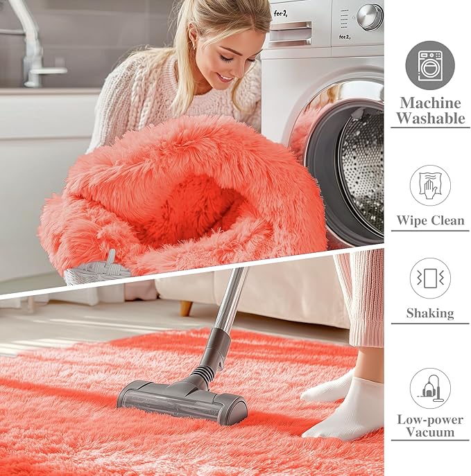 OLANLY 5x7 Machine Washable Large Area Rugs for Living Room, Bedroom, Soft Fluffy Shaggy Bedside Rug, Indoor Floor Carpet for Kids Girls and Boys, Dorms, Nursery, Home Decor Aesthetic, Coral Red