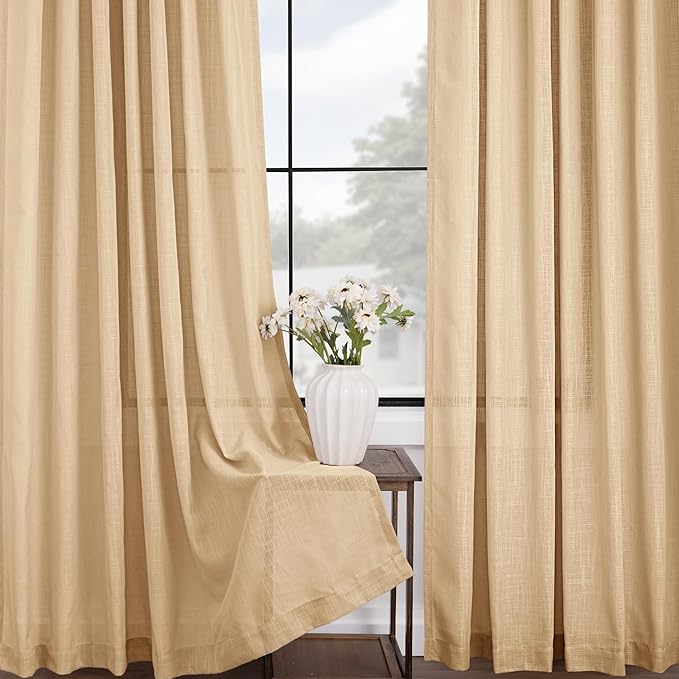 Tan Linen Curtains 84 inches Long for Living Room Back Tab Rustic Farmhouse Semi Sheer Light Filtering Window Curtain Dining Room Soft Thick Flax Linen Textured Drapes Kahki 52x84
