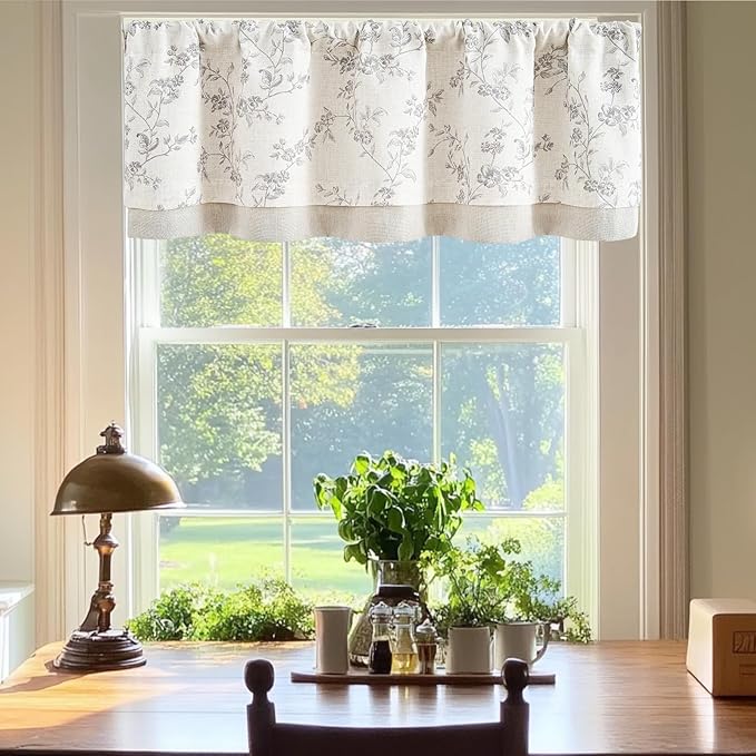 jinchan Linen Kitchen Valance for Windows 16 Inch Gray Floral Double Layer Valance Living Room Laundry Room Darkening Rustic Cottagecore Farmhouse Flower Window Treatment 1 Panel Grey on Linen