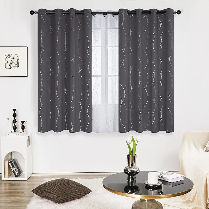 Deconovo Grey Blackout Curtains for Bedroom, Thermal Insulated Soundproof Drapes, Wave Dots Foil Print, 52 x63 Inches Long, 2 Panels, Machine‑Washable Privacy Window Panel for Living Room Apartment