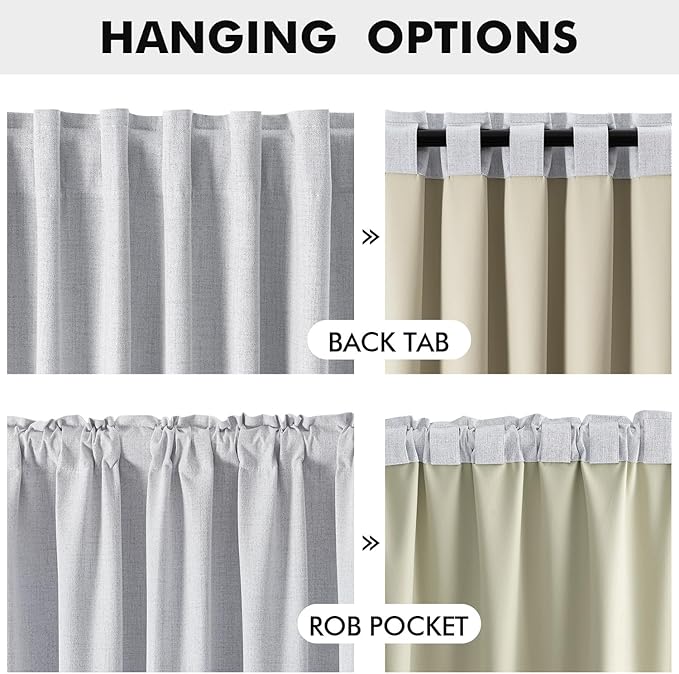 MIULEE 100% Blackout Linen Curtains for Bedroom, Grayish White Solid Luxury Decor Thermal Insulation Room Darkening Drapes for Living Room Nursery Back Tab Rod Pocket 42 x 90 Inches, 2 Panels
