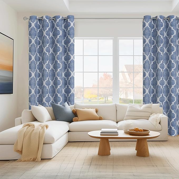 Beauoop 100% Blackout Curtains 90 Inches Long 2 Panels for Bedroom Living Room Blue Moroccan Geo Room Darkening Thermal Insulated Soundproof Grommet Top Window Treatments Drapes, 50x90 Set of 2