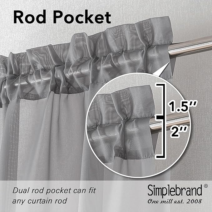 Simplebrand Grey Sheer Curtains 90 Inches Long, Light Filtering Rod Pocket Solid Color Window Sheer Curtain Panels, Elegant Curtains & Drapes for Living Room, Bedroom 2 Panels (Grey, 42" W x 90" L)