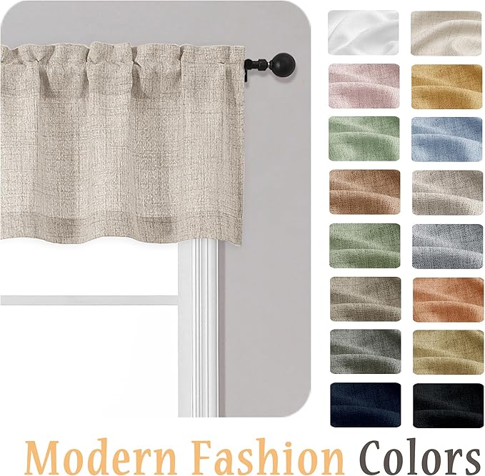 OWENIE Linen Valances for Windows 1 Pcs 18 Inch Length, Light Filtering Textured Short Small Valance Curtains for Bathroom Basement Living Room Bedroom, Half Window Curtains Over Sink, 52" Wx18 L