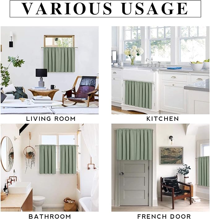 RYB HOME Short Blackout Curtains for Bedroom, Room Darkening Insulated Summer Heat Light UV Blocking Energy Saving Drapes for Nursery, Width 34 by Length 45, Greyish Green, Set of 2