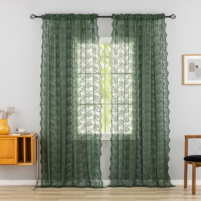 YJ YANJUN Vintage Lace Curtains 96 Inches Long-Victorian Floral Green Sheer Curtain Panels for Living Room,Light Filtering, Boho Christmas Decor 8 FT, 52Wx96L, 2 Panels Dark Emerald Green