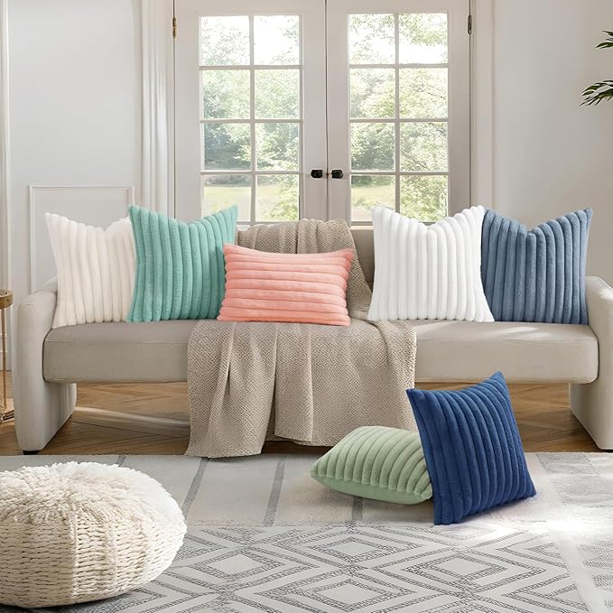 decorUhome Summer Cozy Faux Fur Throw Pillow Covers 22x22 Set of 2 Decorative Soft Plush Striped Modern Farmhouse Boho Couch Euro Sham Pillow Cases with Velvet Back for Sofa Bed Living Room, Aqua