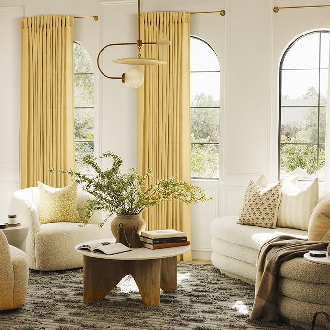 Gold Curtains for Living Room Back Tab Modern Farmhouse Semi Sheer Curtains 90 inches Long 2 Panels Set Muted Neutral Window Curtain for Dining Room Bedroom 52x90