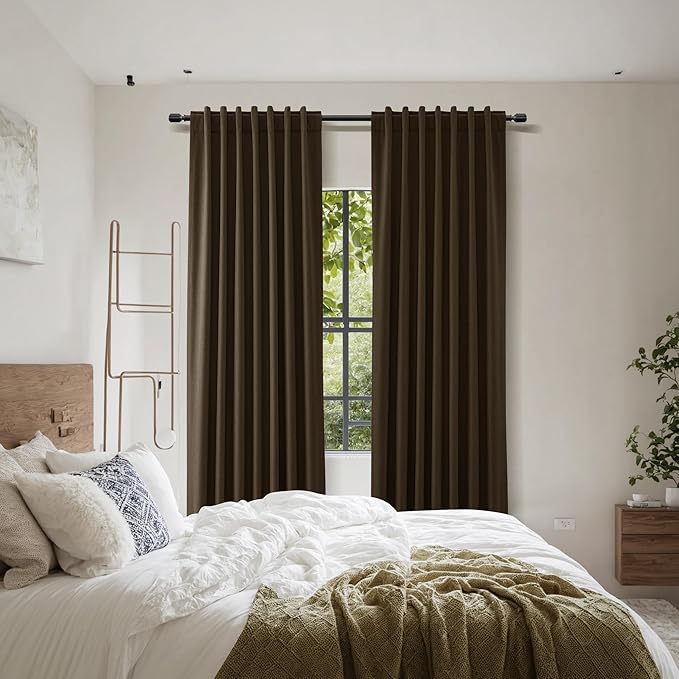 Guken 100% Blackout Curtains 96 Inch Length 2 Panels Set for Living Room Bedroom Back Tab Thermal Insulated Black Out Linen Drapes Room Darkening Chocolate,52x96