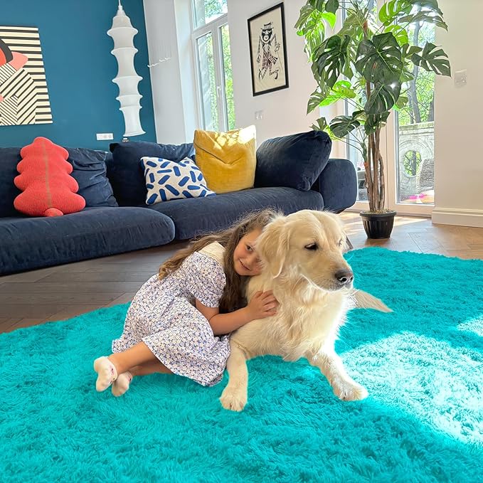 OLANLY 2x8 Machine Washable Runner Rugs for Hallway, Soft Fluffy Shaggy Bedside Rugs for Bedroom, Living Room, Indoor Floor Carpet for Kids Girls Boys, Nursery Rooms, Home Decor Aesthetic, Teal Blue