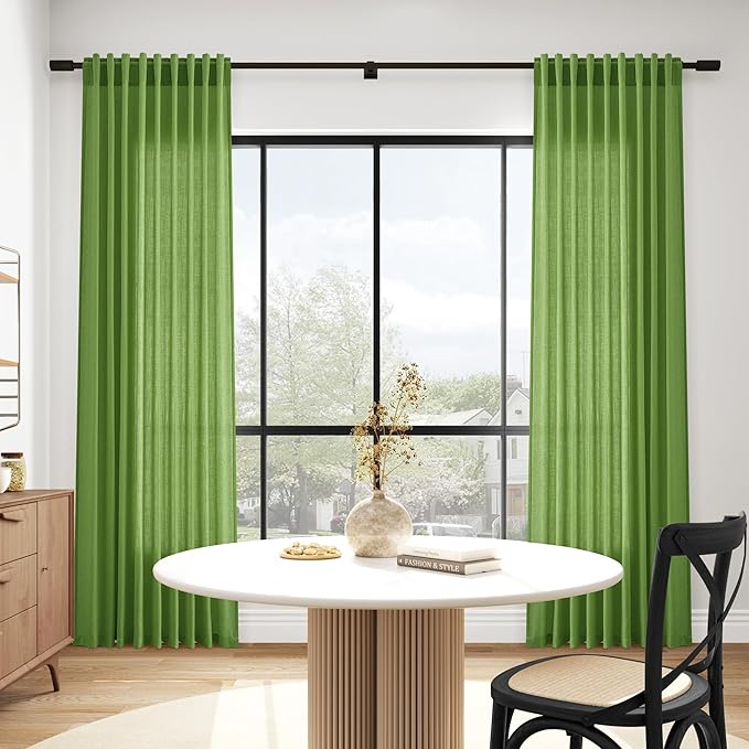 Lime Green Curtains 63 Inches Long 2 Panel Sets for Living Room Bedroom, Light Filtering Linen Drapes for Kitchen Windows Rod Pocket or Back Tab Curtain,Semi Sheer 52x63