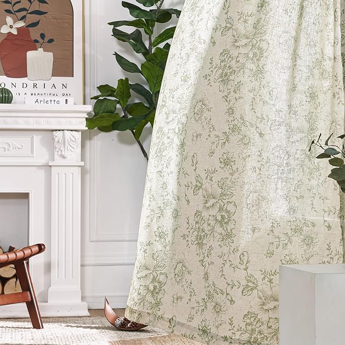 jinchan Linen Blend Floral Curtains for Living Room 96 Inch Length Farmhouse Printed Curtain Rod Pocket Back Tab Sage Green Peony Flower Patterned Drapes Bedroom Curtains Set 2 Panels