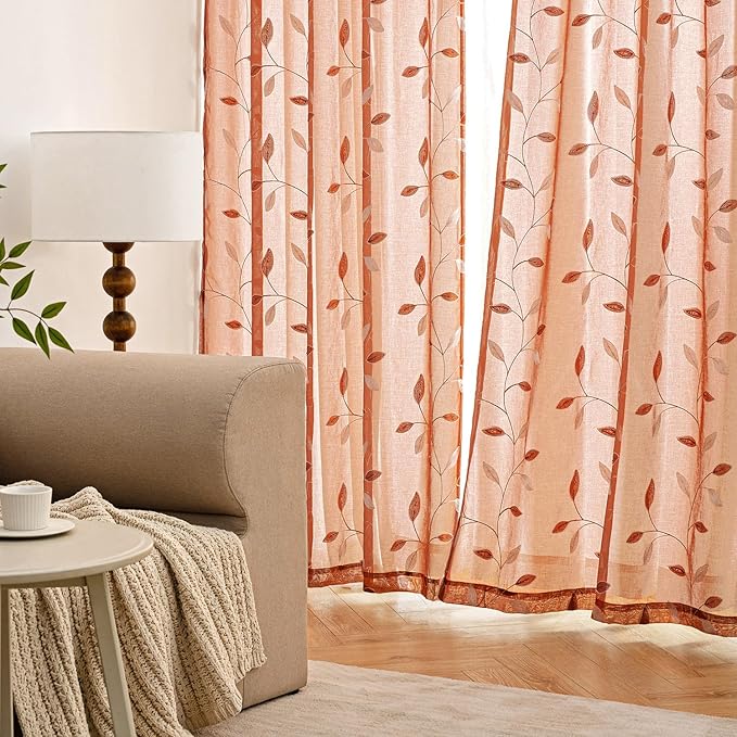 MIULEE Burnt Orange Sheer Curtains 2 Panels Embroidered Leaf Patterned Rod Pocket Floral Semi Faux Linen Short Fall Window Curtains Drapes Set for Kitchen Bathroom Cafe, 30x30 Inches Length