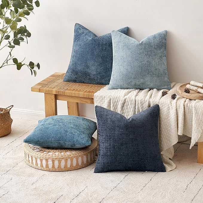 MIULEE Pack of 4 Couch Throw Pillow Covers 24x24 Inch Neutral Blue Soft Decorative Chenille Pillow Covers Farmhouse Accent Cushion Covers for Boho Western Spring Coastal Decor Sofa Bed Living Room