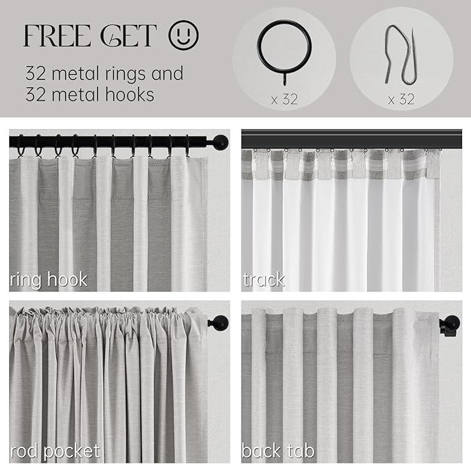 Linen Blackout Curtains 70 Inches Extra Wide 84 Inch Long for Living Room Grey Beige Room Darkening Back Tab Pleated Drapes for Bedroom Winter Thick Window Energy Efficient 70"W x 84"L 2 Panels
