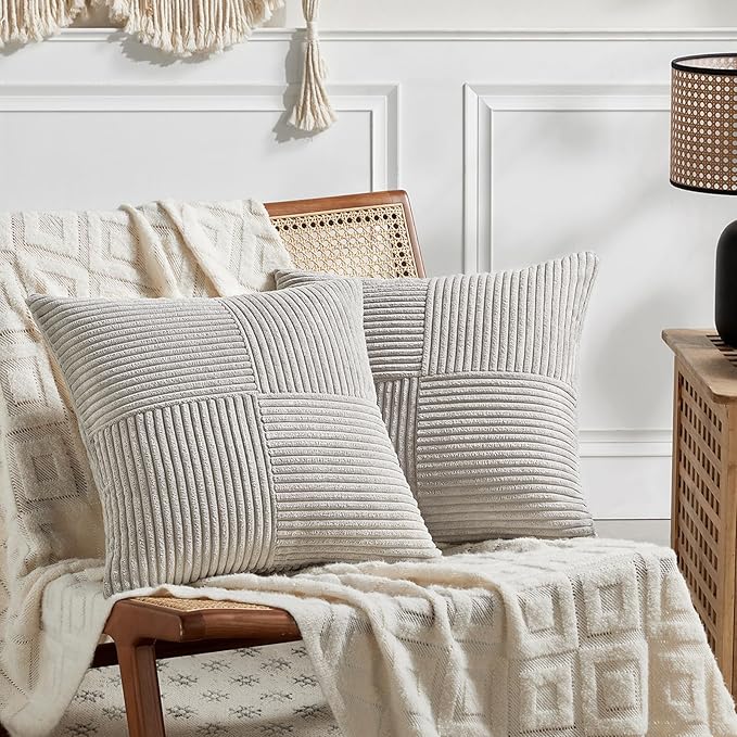 Fancy Homi 2 Packs Neutral Grey Samll Decorative Throw Pillow Covers 12x12 Inch with for Couch Bed Sofa, Rustic Farmhouse Boho Home Decor, Soft Corss Patchwork Corduroy Square Cushion Case 30x30 cm