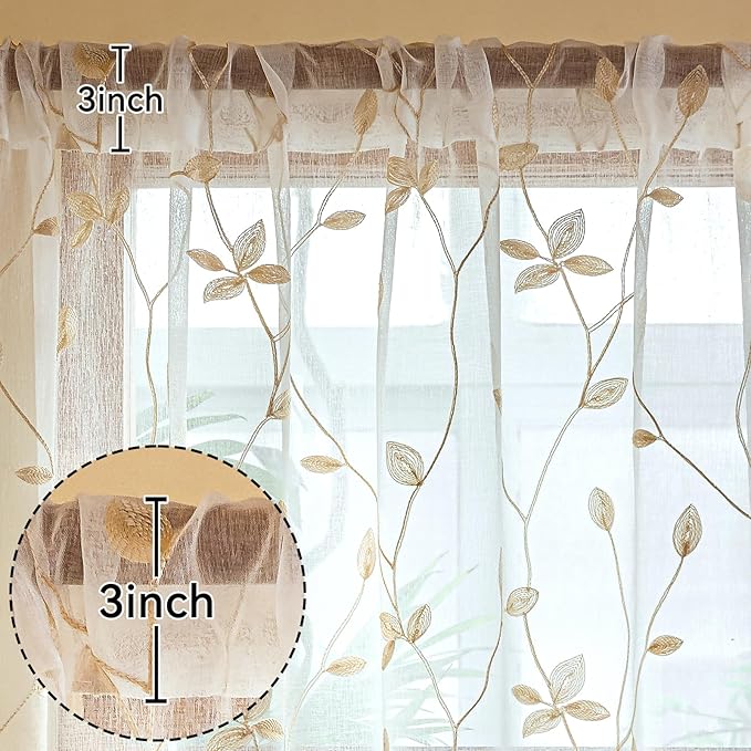 AmHoo 2 Panels Embroidered Leaf Pattern Semi Sheer Curtains Foliage Floral Voile Window Draperies Treatment for Bedroom Living Room Rod Pocket White Beige 53 x 63 Inch