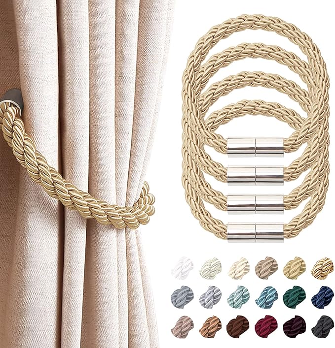 NICEEC 4 Pack Strong Magnetic Curtain Tiebacks Modern Simple Style Drape Tie Backs Convenient Decorative Weave Rope Curtain Holdbacks for Thin or Thick Home & Office Window Draperies (Bronze)