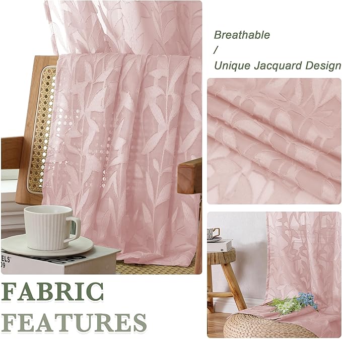 Lecloud Leia Blush Pink Sheer Curtains for Living Room 63 Inch Length 2 Pcs, Jacquard Leaf Textured Bedroom Curtains, Window Treatments Rod Pockets Drapes for Dining Room, Each Panel 42" W x 63" L