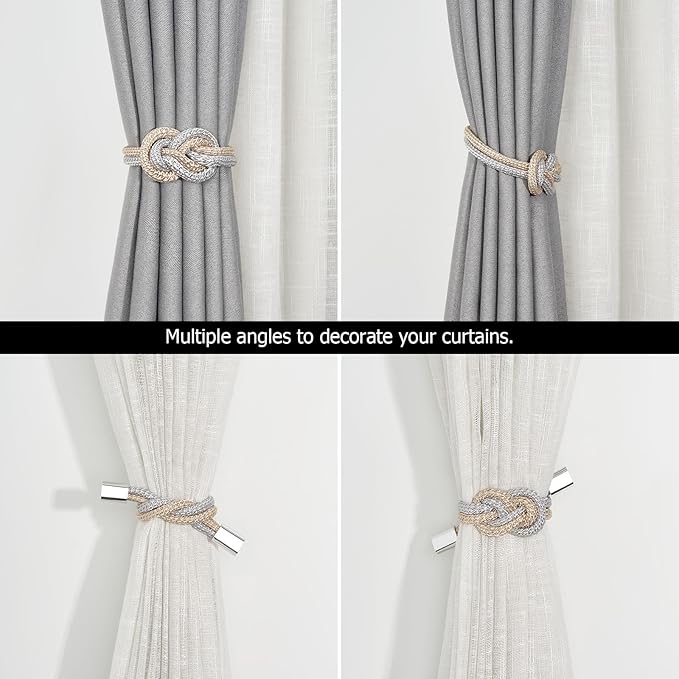 NICEEC 2 Pack Mini Magnetic Curtain Tiebacks Nordic Simple Style Drape Tie Backs Elegant Hand Weave Rope Knot Decorative Curtain Holdbacks for Home & Office Thin Window Drapery (Grey & Beige)