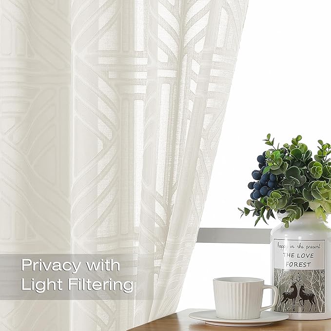 Simplebrand Ivory Semi Sheer Curtains 45 Inch Length 2 Panels, Geometric Jacquard Clip Textured Short Sheer Curtains for Bedroom，Modern Elegant Window Curtains Drapes/Treatment Sheer，42x45 inch