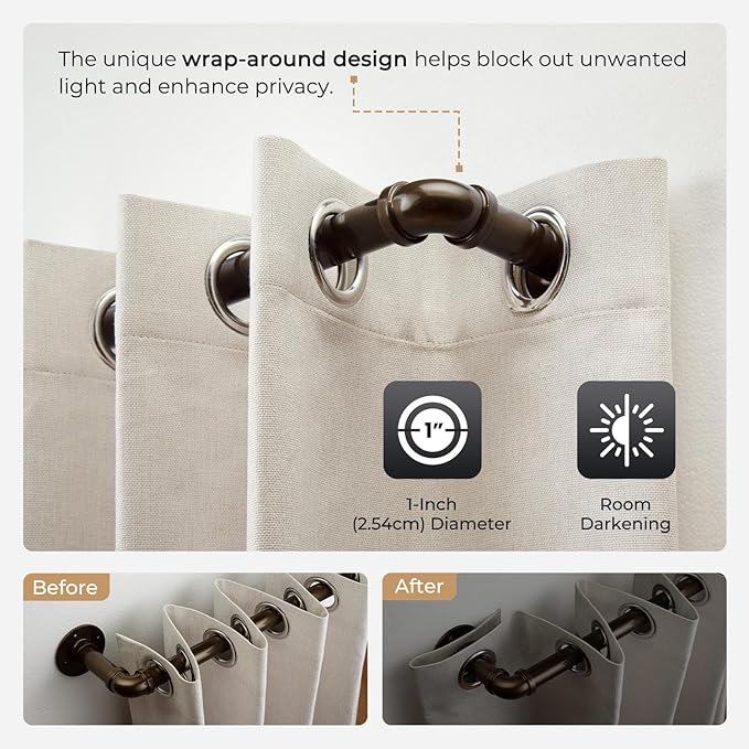 Zeerobee Curtain Rods for Windows 32 to 72, 1 Inch Industrial Wrap Around Antique Bronze Curtain Rod, Indoor/Outdoor Room Divider Adjustable Drapery Pole, 32"-72"