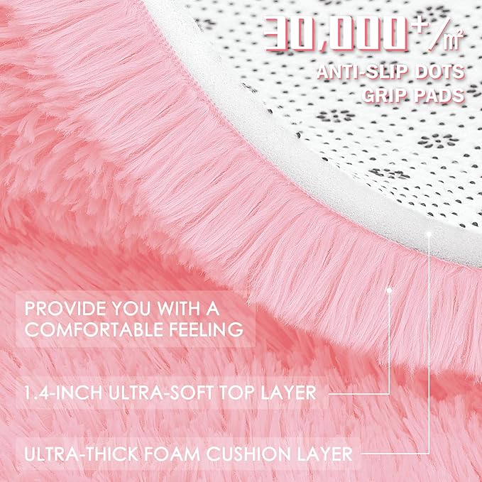 OLANLY Pink Round Rugs for Bedroom - Machine Washable, 2 ft Circle Area Rugs for Living Room, Soft and Fluffy Shaggy Carpet for Teen Girls and Boys, Nursery Rooms, Dorms, Home Decor Aesthetic