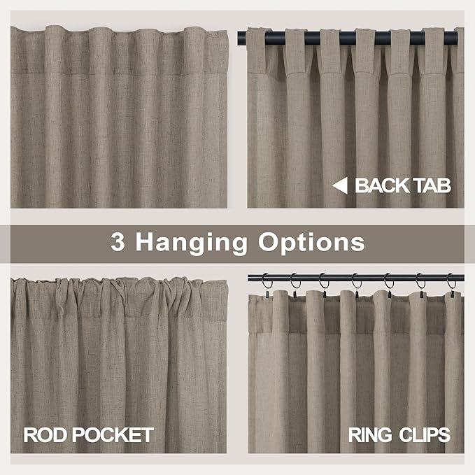 Pitalk Back Tab Linen Curtains 96 inches Long 2 Panels Set for Living Room Sliding Glass Door Dark Taupe Semi Sheer Curtains Light Filtering Canvas Cloth Linen Drapes 96 inch Floor to Ceiling Length