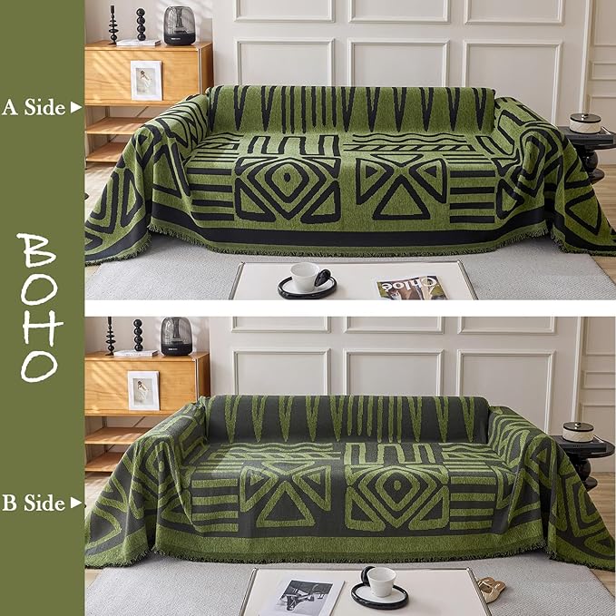HANDONTIME Boho Geometric Couch Covers for Sofa Pet Friendly Avocado and Black Sofa Covers Washable Chenille Couch Blanket Cover for 3 4 Cushion Couches Pet Protector Furniture Cover Soft, 71" X 134"