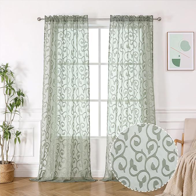 OWENIE Furman Extra Long Sheer Sage Green Curtains 96 inches Long for Bedroom Living Room 2 Panels Set, Light Filtering Soft Semi Sheer Jacquard Clip Farmhouse Curtains Rod Pocket Design, 52Wx96L inch