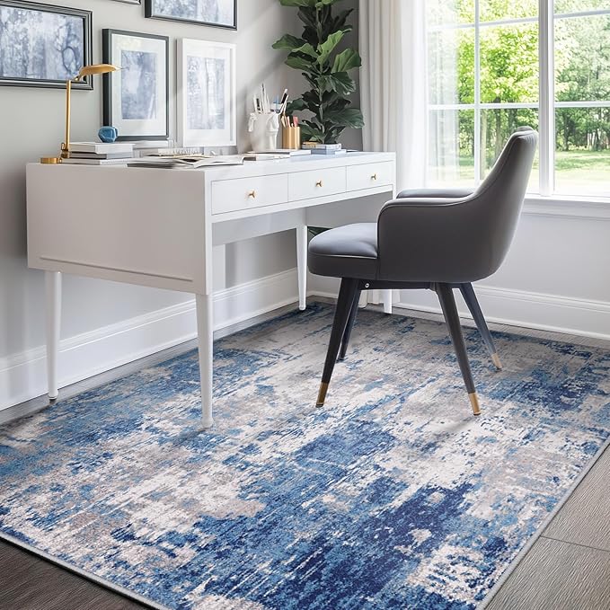 Washable Area Rugs 6'x9' Non-Slip Modern Abstract Soft for Living Room Entryway Bedroom Nursery, Print Pattern, Blue Grey Navy Gray