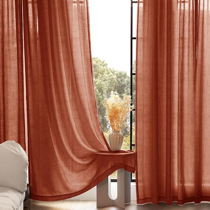 132 inch Linen Terracotta Curtains 2 Panels for Living Room Back Tab Light Filtering Semi Sheer Rust Colored Curtains 132 inches Long Soft Thick Cotton Cloth Textured Rustic Boho Farmhouse Room Decor