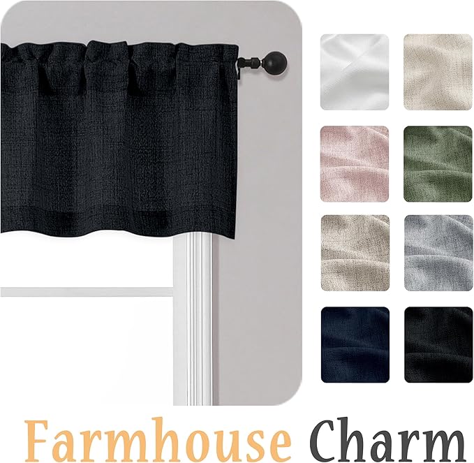 OWENIE Black Valances for Windows 1 Pcs 22 Inch Length, Light Filtering Textured Short Small Valance Curtains for Bathroom Basement Living Room Bedroom, Half Window Curtains Over Sink, 60" W by 22" L