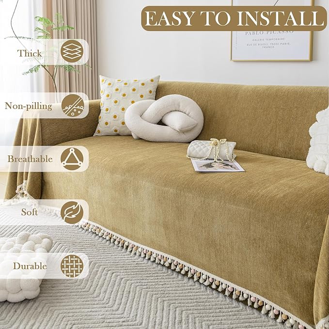 HANDONTIME Couch Covers for Pets Boho Mustard Yellow Love Seat Couch Covers Brown Sofa Cover for Dogs Pet Couch Protector Chenille Tassel Sofa Slipcovers Sofa Throw Cover Boho Decor for Living Room
