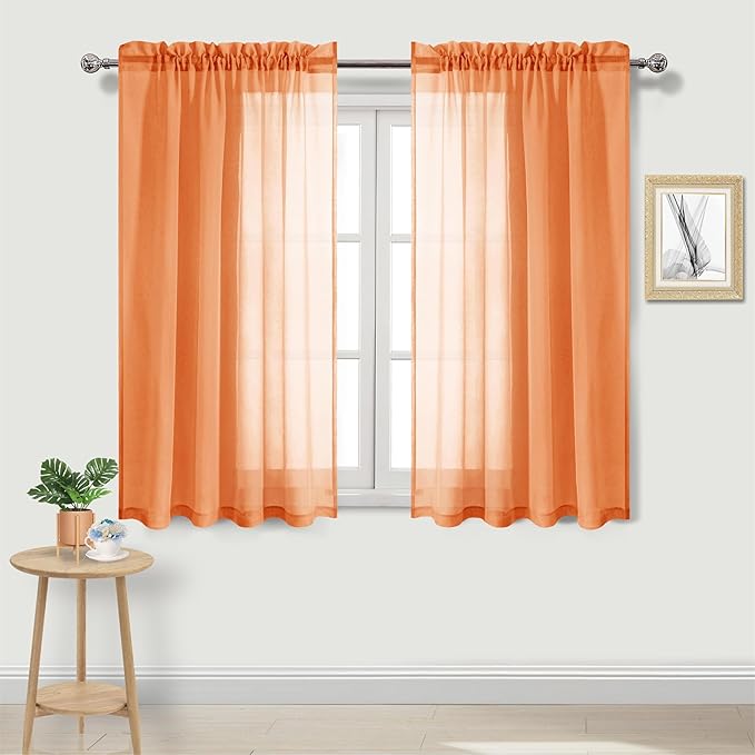 DWCN Sheer Curtains 45 inches Long 2 Panels Set, Rod Pocket Orange Voile Sheer Drapes Airy & Lightweight Elegant Home Decoration Window Coverings for Loft, 2pcs, W52 x L45