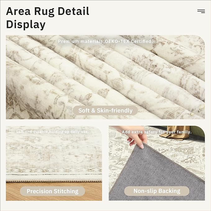 Area Rug 6x9, Washable Rugs, Stain Resistant Gray Area Rugs for Living Room Bedroom Dining Room, Vintage Farmhouse Rug Beige