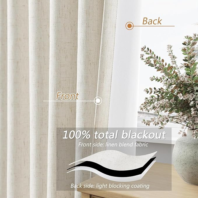 Guken Cream 100% Blackout Linen Curtains 104 Inch Length 2 Panels Set for Living Room Bedroom Back Tab Thermal Insulated Black Out Drapes Room Darkening Window Curtains