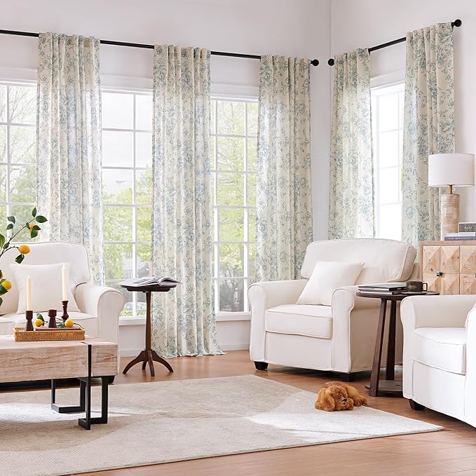 jinchan Linen Blend Curtain Floral Curtains for Living Room 96 Inch Length Blue Printed Curtain Rod Pocket Back Tab Farmhouse Peony Flower Patterned Drapes Bedroom Window Curtains Set 2 Panels