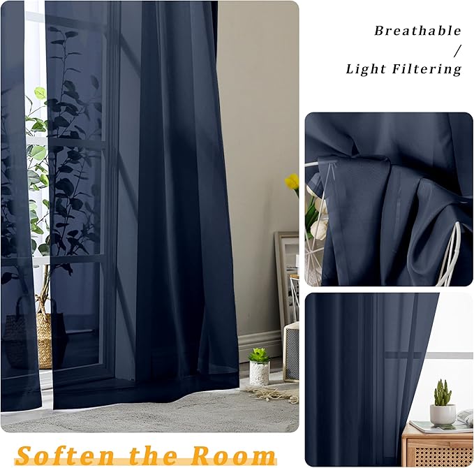 Gwine Navy Blue Sheer Curtains 30 Inch Length, Short Light Filtering Voile Small Cafe Kitchen Curtains with Rod Pocket, Short Curtain for Bathroom Window, 42x30 Inch, 2PCS