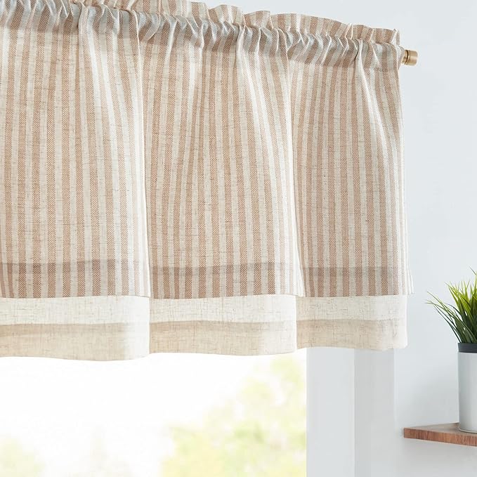 jinchan Linen Valance Curtain Striped Small Window Curtain Double Layer Light Filtering Modern Farmhouse Valance for Kitchen Living Room Bedroom 18 Inch Rod Pocket 1 Panel Taupe on Beige