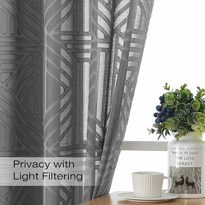 Simplebrand Grey Sheer Curtains 72 Inch Length 2 Panels for Living Room, Light Filtering Geometric Jacquard Clip Textured Rod Pocket Semi Sheer Curtains for Front Back Patio Glass Door，42x72 inch