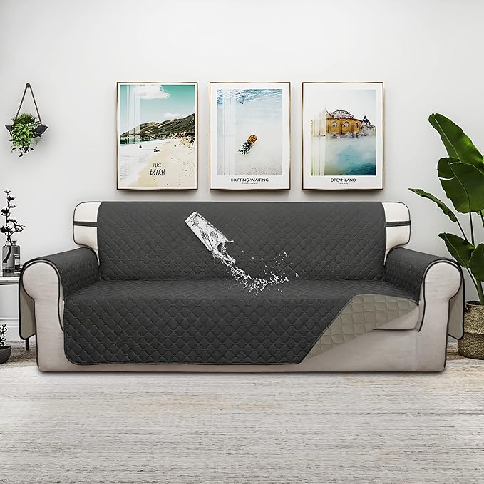 ISSUNTEX Double Protection 100% Waterproof Sofa Covers for Living Room, Reversible Couch Covers for 3 Cushion Couch Sofa, Furniture Protector Sofa Cover for Pets (X Large, Dark Gray/Beige)