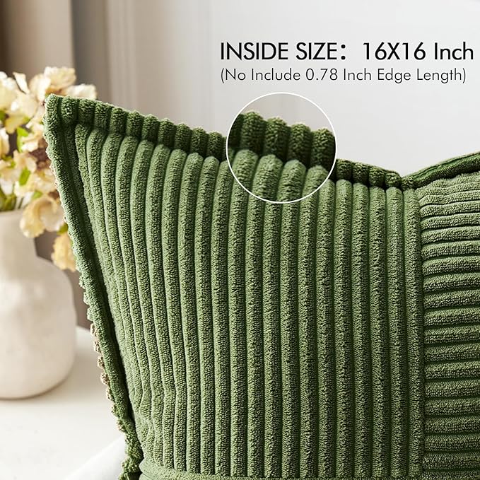 MIULEE Spring Decorative Throw Pillow Covers for Couch Bed Livingroom 16x16 Inch Set of 2 Moss Green Boho Accent Throw Pllows Broadside Striped Patchwork Soft Corduroy Summer Pillowcases