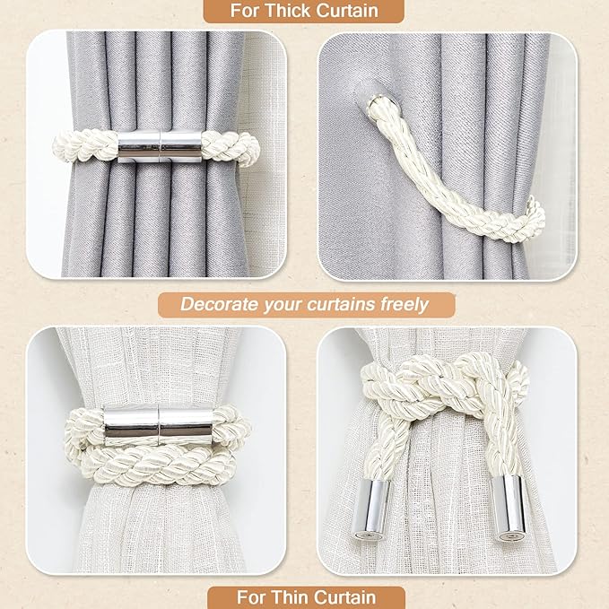 NICEEC 4 Pack Strong Magnetic Curtain Tiebacks Modern Simple Style Drape Tie Backs Convenient Decorative Weave Rope Curtain Holdbacks for Thin or Thick Home & Office Window Draperies (Cream)