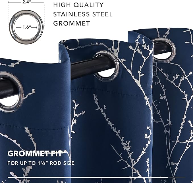 Deconovo Blackout Curtains, Navy Blue Curtain, Thermal Insulated Soundproof Drapes, Branch Silver Print, 42 x 84 Inch Long, Machine Washable Grommet Panels for Bedroom Living Room Office, Set of 2