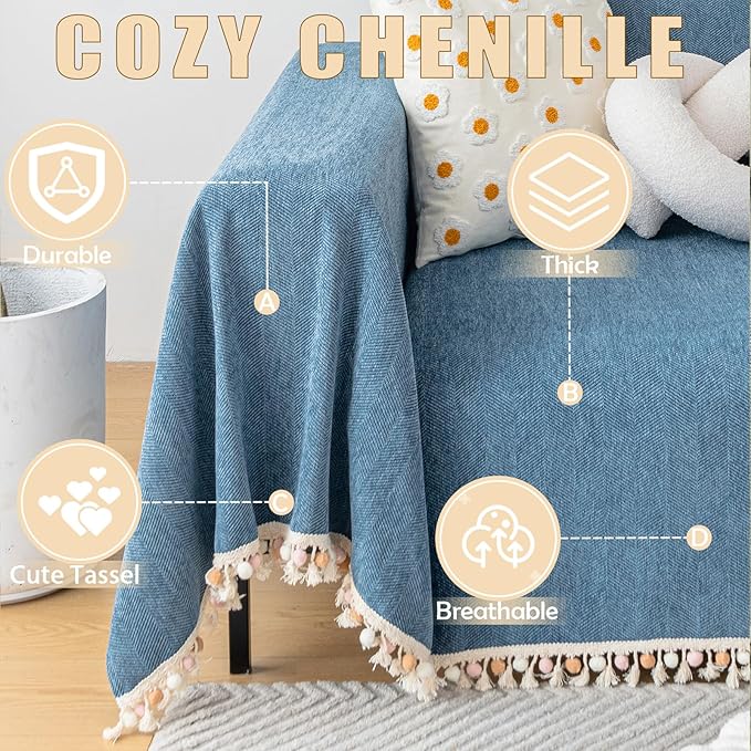 HANDONTIME Couch Slipcover Dog Sofa Covers Boho Couch Cover for Dogs Blue Sofa Throw Cover Bohemian Sofa Covers for 3 Cushion Couch Herringbone Sectional Couch Cover Slipcovers for Sofas, 71" X118"