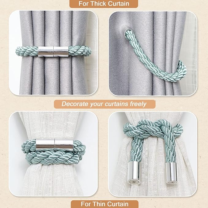 NICEEC 6 Pack Strong Magnetic Curtain Tiebacks Modern Simple Style Drape Tie Backs Convenient Decorative Weave Rope Curtain Holdbacks for Thin or Thick Home & Office Window Draperies (Blue-Grey)