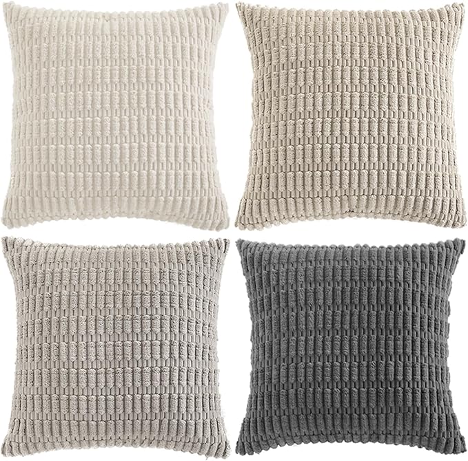 Fancy Homi Set of 4 Grey and White Decorative Throw Pillow Covers 16x16 Inch for Couch Bed Chair, Modern Farmhouse Boho Room Decor, Soft Fuzzy Double Sided Corduroy Textured Striped Cushion Case 40cm